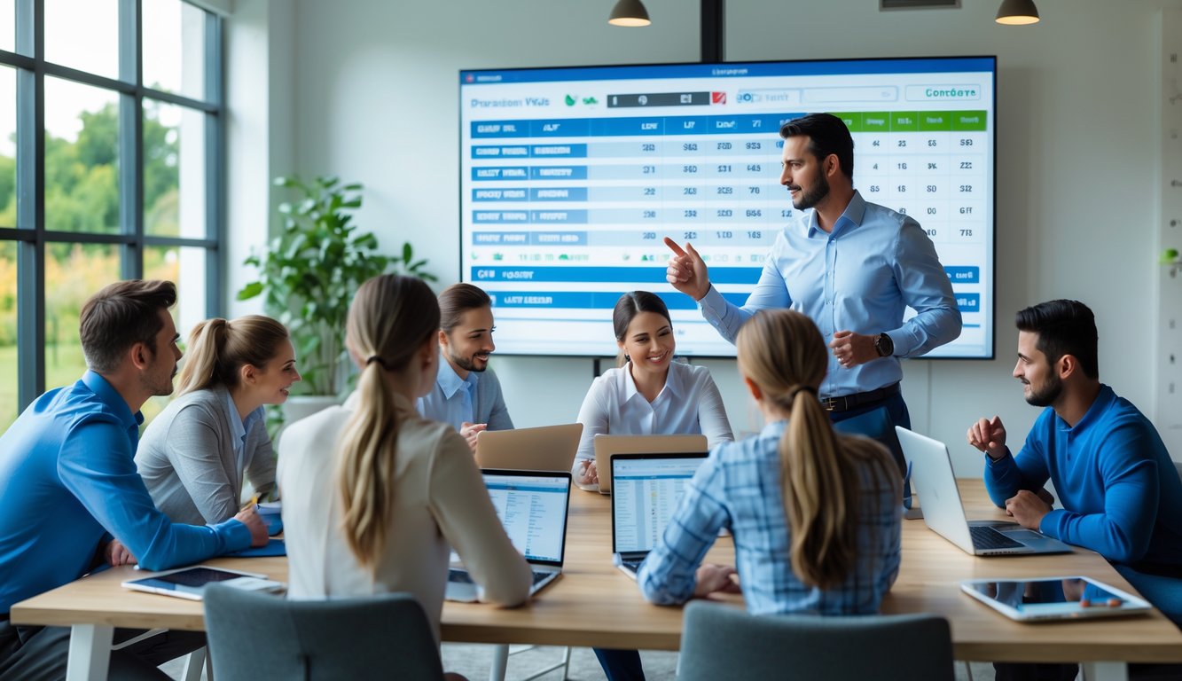 Sekelompok orang sedang berdiskusi dan belajar strategi taruhan tenis di ruangan dengan layar menampilkan statistik pertandingan tenis.