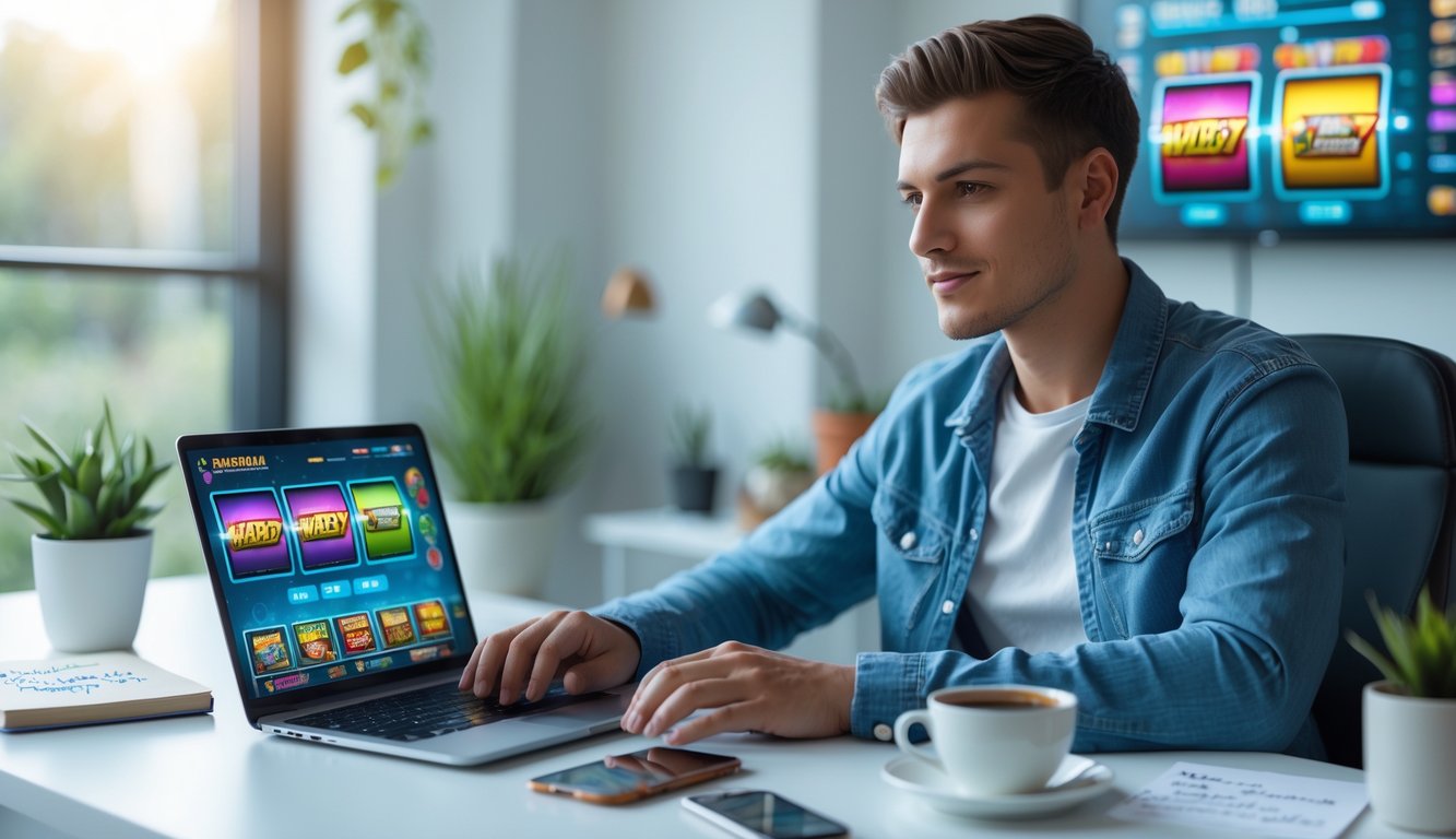 Seorang dewasa muda duduk di meja modern menggunakan laptop dengan tampilan permainan slot online, di sekitarnya terdapat catatan dan ponsel, di ruangan terang dengan tanaman dan cahaya alami.