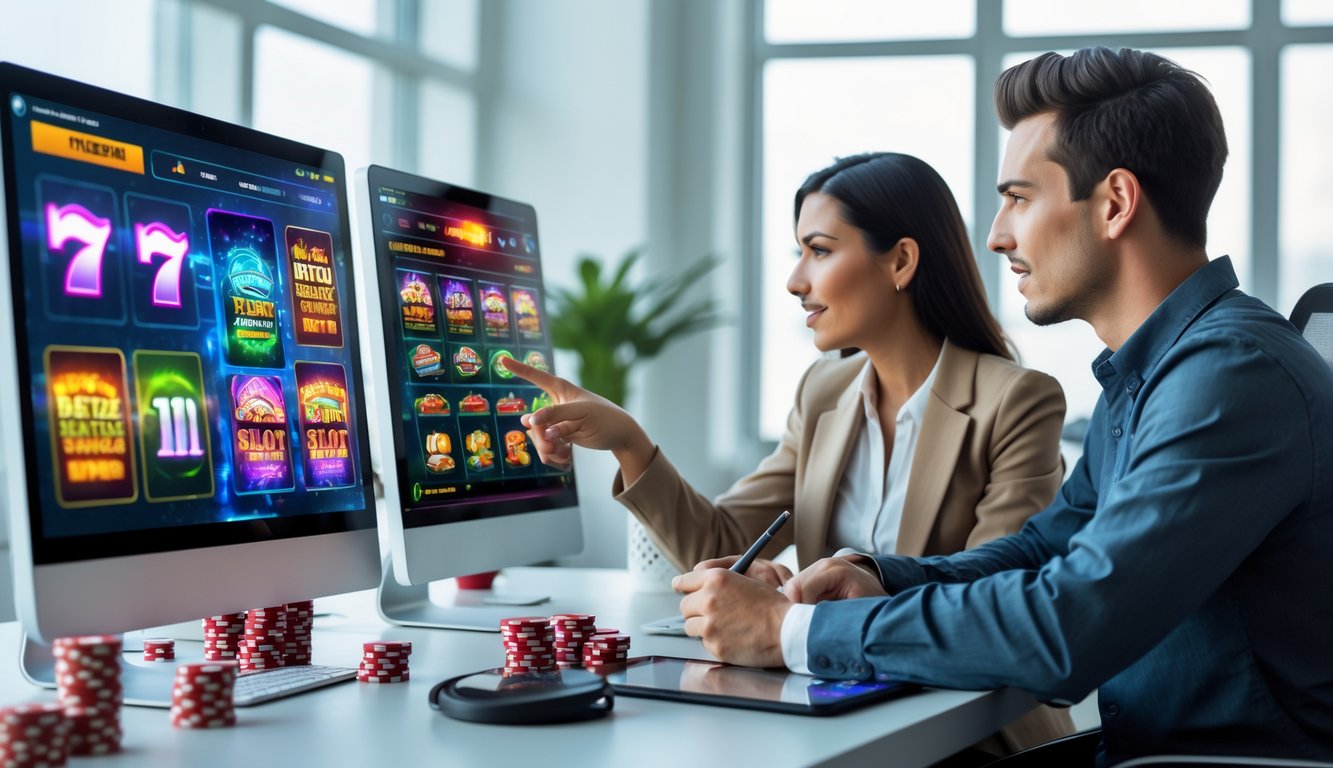 Dua orang muda duduk di meja kantor modern dengan beberapa layar komputer menampilkan permainan slot online, tampak fokus dan berdiskusi.