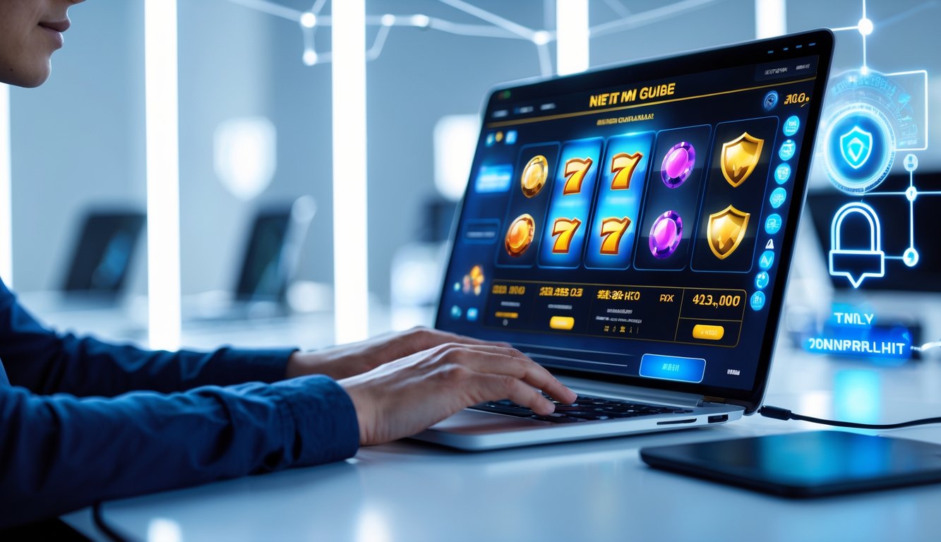 Seseorang menggunakan laptop dengan permainan slot online di layar dalam suasana kerja modern yang aman dan terpercaya.