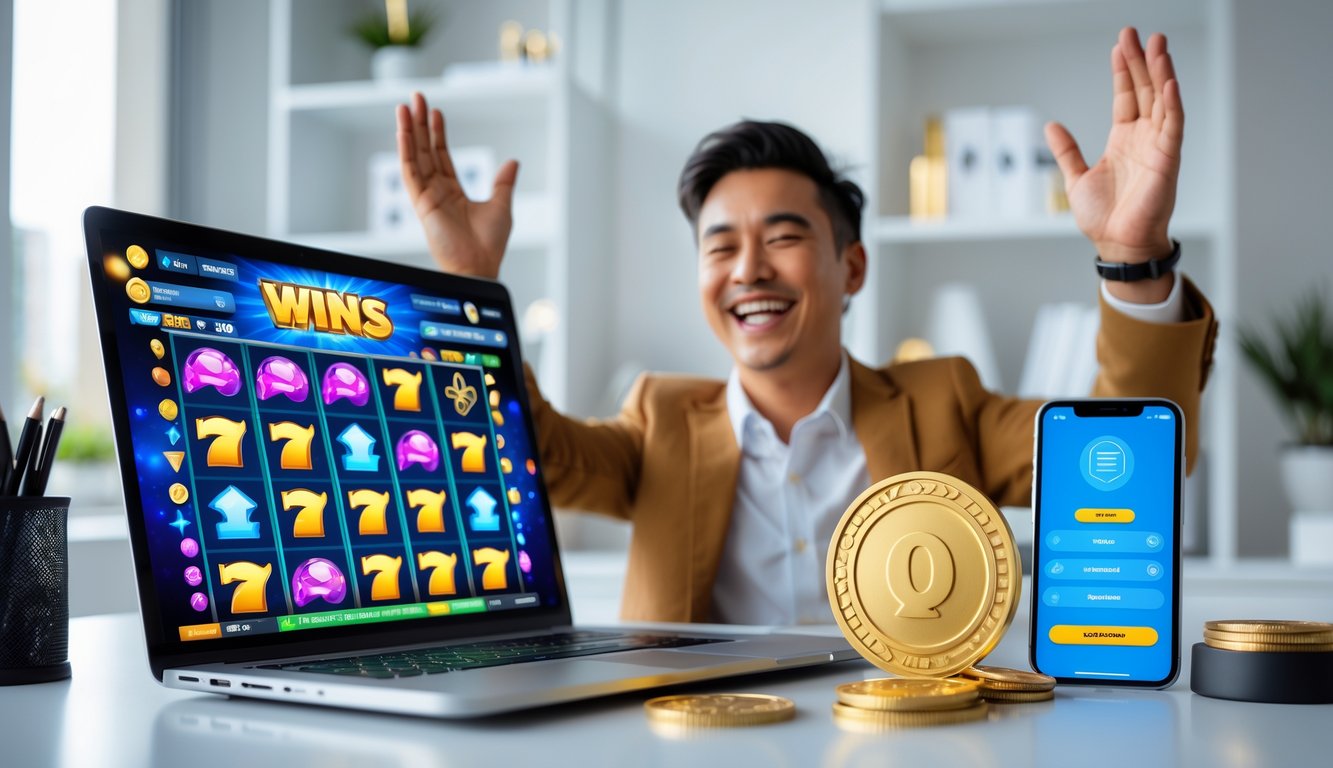 Seseorang yang percaya diri merayakan kemenangan besar saat bermain slot online di laptop di ruang kerja modern.