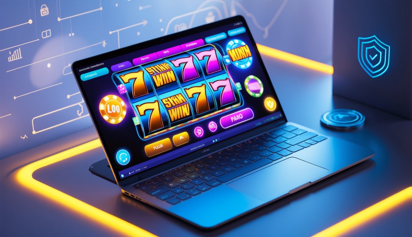 Suasana permainan slot online dengan komputer menampilkan mesin slot berwarna cerah dan simbol kemenangan, dikelilingi ikon keamanan yang menunjukkan kepercayaan.