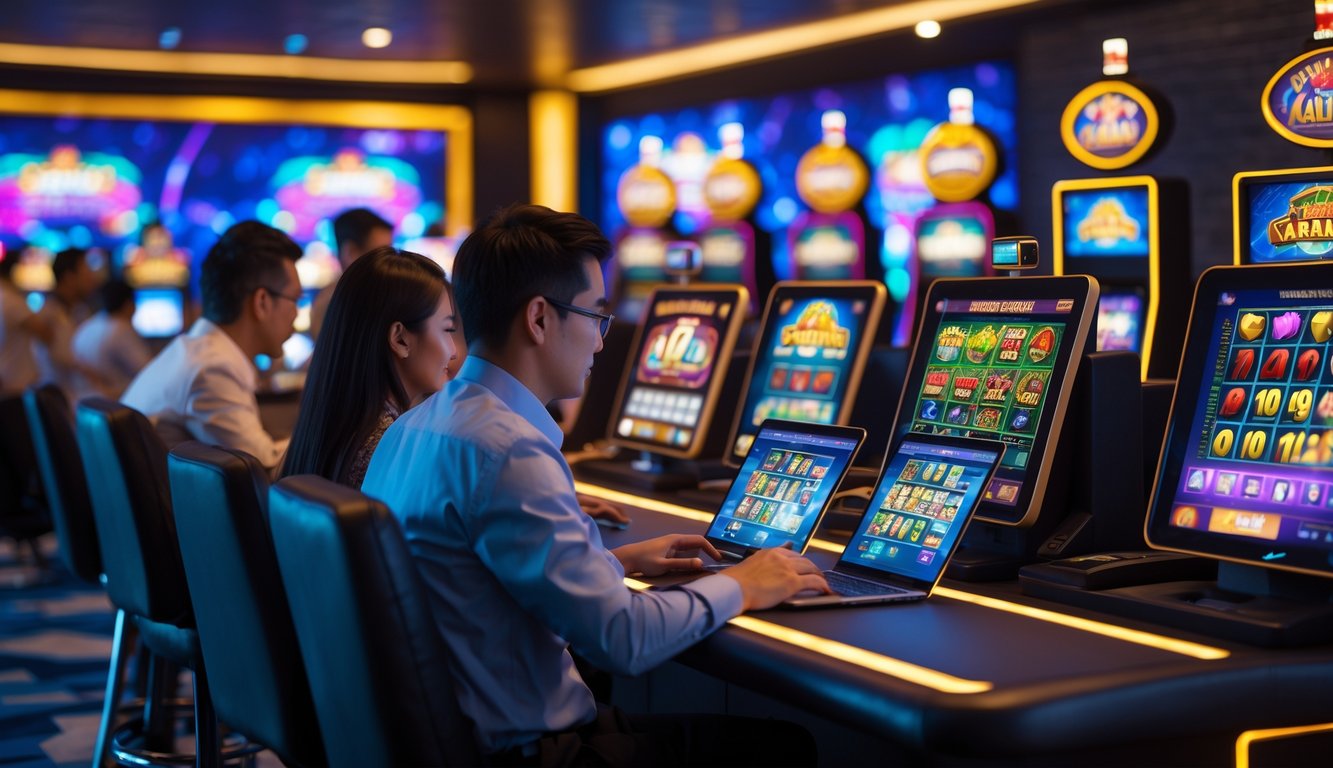 Orang-orang sedang bermain permainan slot online menggunakan perangkat digital di ruangan yang modern dan terang.