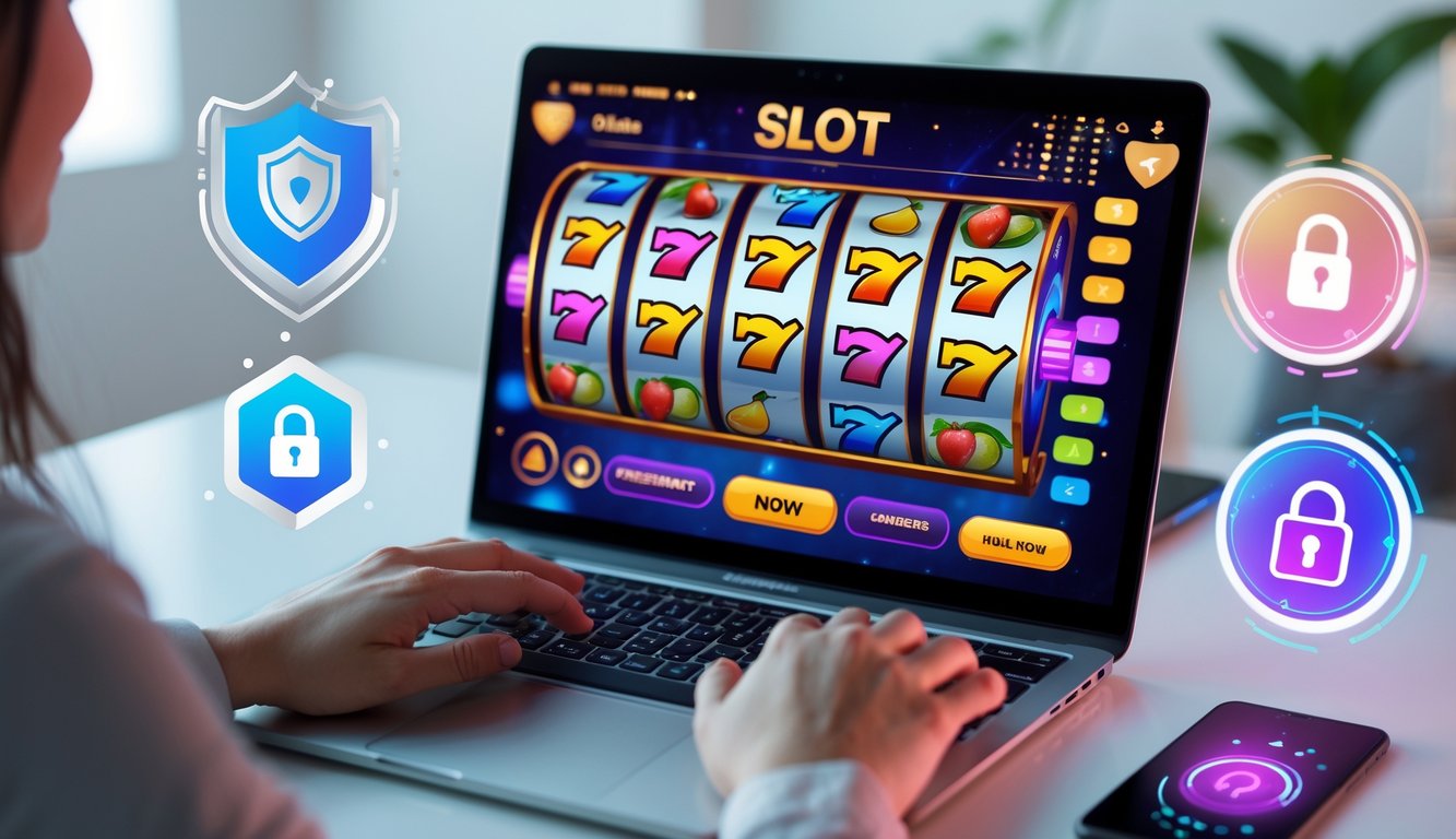 Seseorang menggunakan laptop dengan tampilan permainan slot online yang berwarna-warni, dikelilingi simbol keamanan dan kepercayaan.