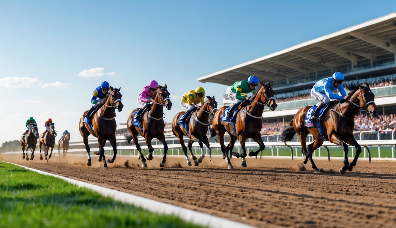 Beberapa kuda pacuan dengan joki sedang berlari cepat di lintasan balap dengan tribun penonton penuh di latar belakang.