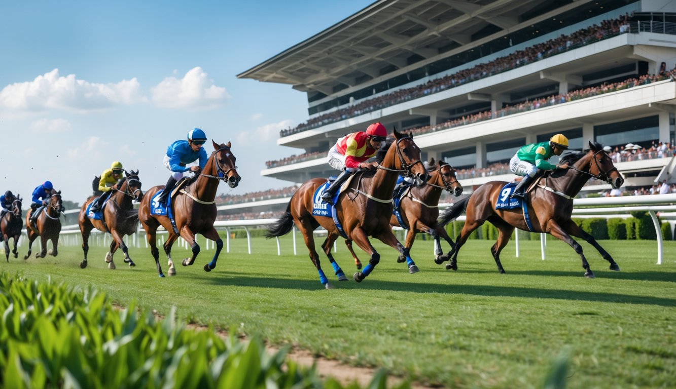 Lomba kuda pacu dengan beberapa joki sedang berlomba di lintasan hijau, penonton di tribun, dan langit cerah di latar belakang.