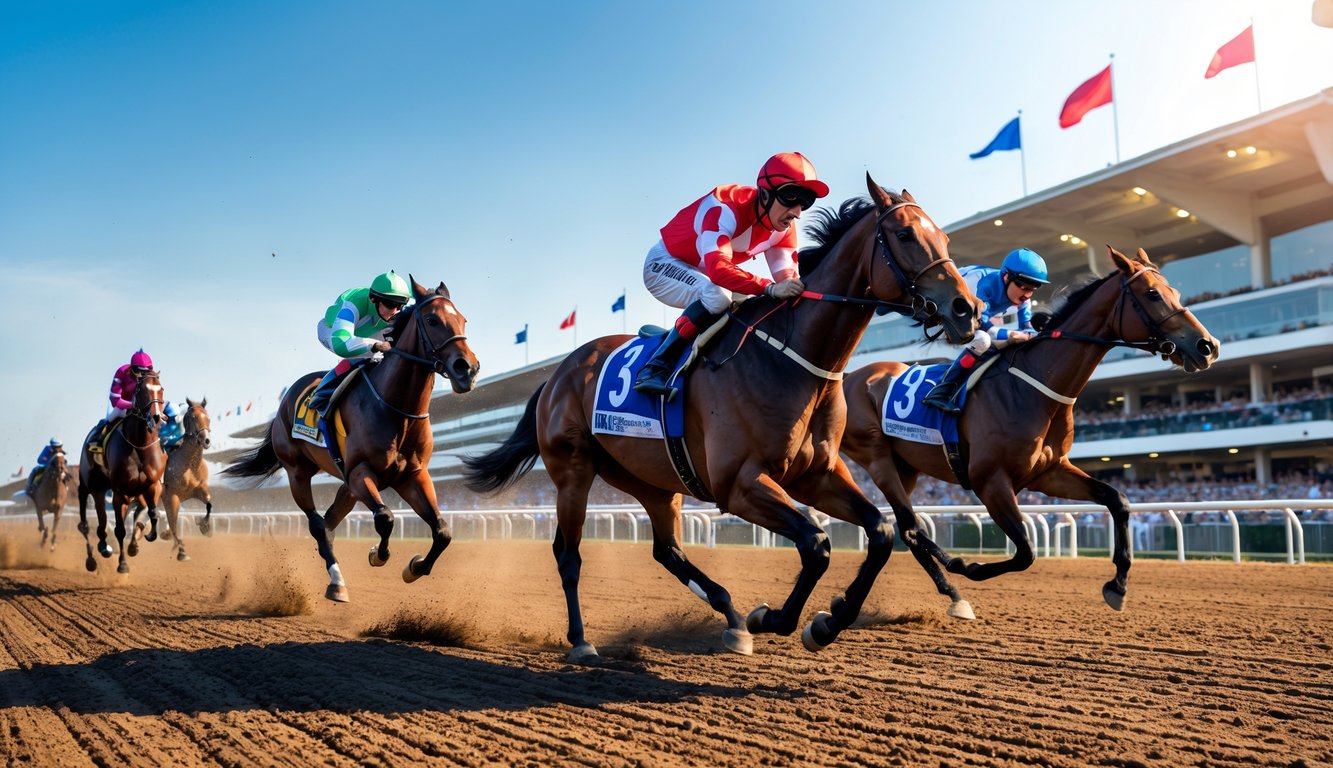 Beberapa kuda pacu dengan joki sedang berlomba di lintasan pacuan kuda dengan tribun penonton penuh di latar belakang.