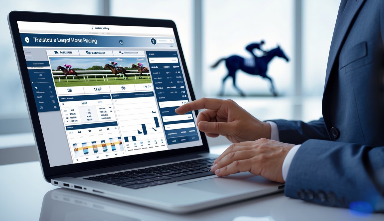 Seseorang yang percaya diri memilih opsi taruhan balap kuda yang aman dan legal menggunakan laptop di ruangan yang rapi.