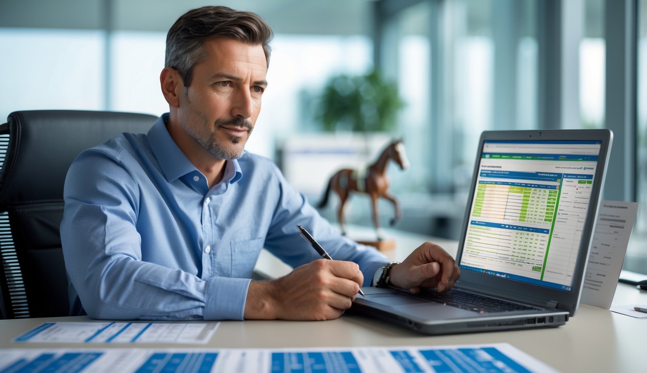 Seorang pria duduk di meja dengan laptop, menganalisis data balap kuda di kantor yang terang dan rapi.