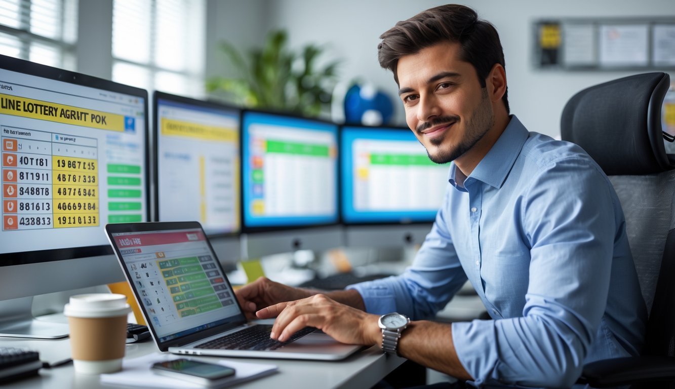 Seorang agen judi togel online sedang bekerja di kantor modern dengan beberapa monitor komputer dan suasana yang profesional.