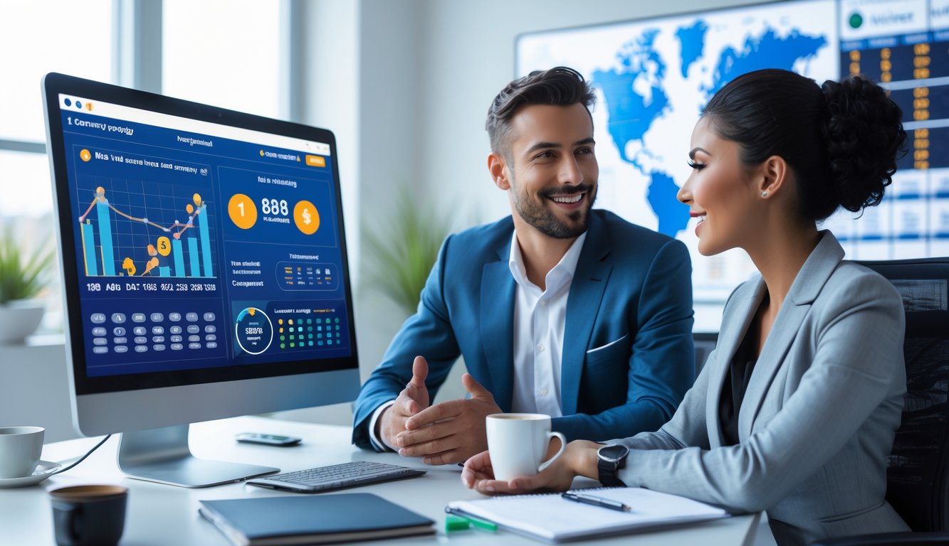 Seorang pria dan wanita berpakaian rapi duduk di meja kantor modern sambil melihat layar komputer yang menampilkan grafik dan data terkait taruhan togel.