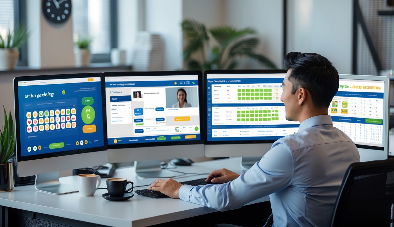 Seorang agen judi online terpercaya sedang bekerja di depan beberapa layar komputer dengan tampilan situs togel dan grafik, di ruang kantor yang rapi dan terang.