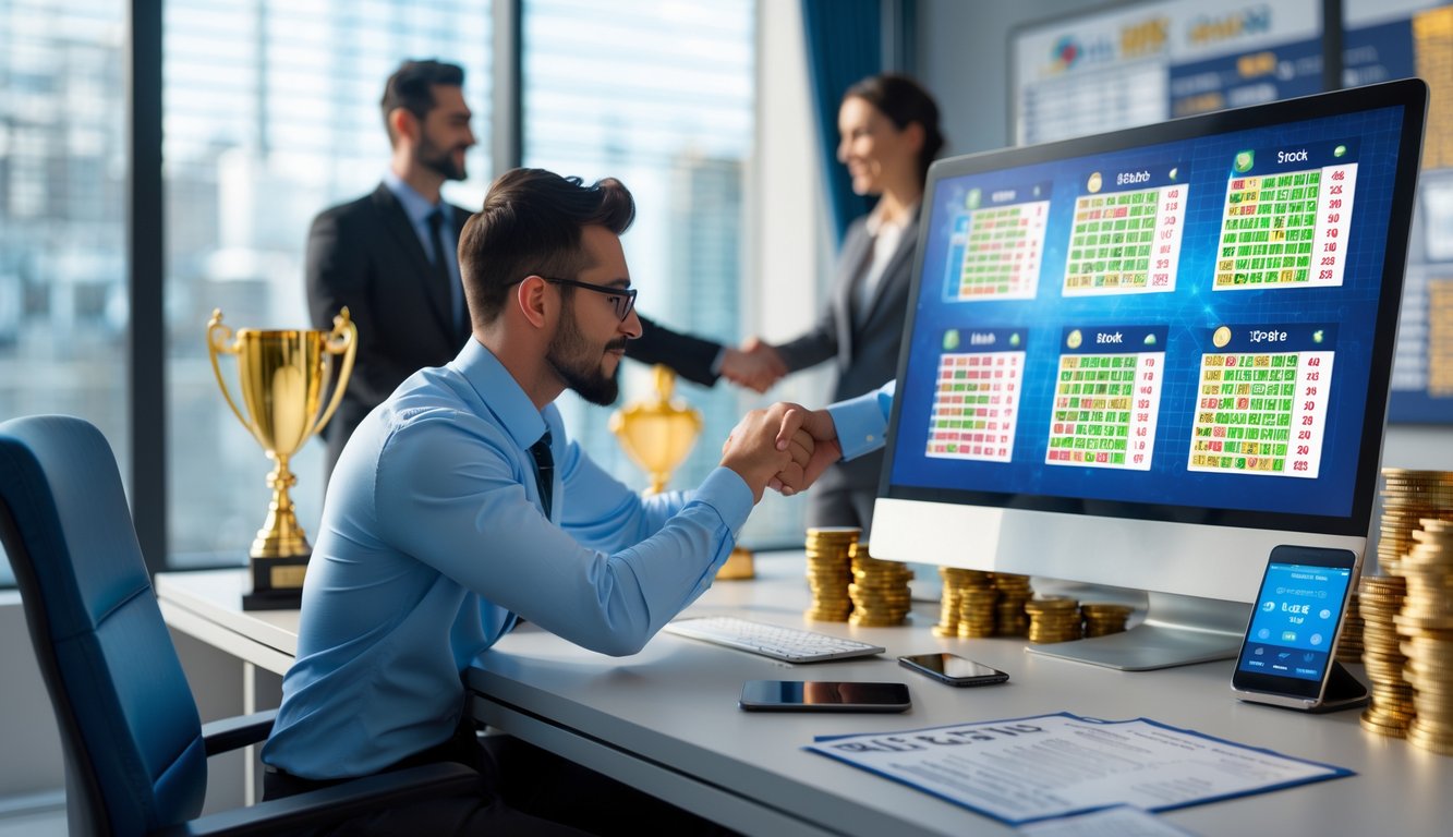 Seorang profesional duduk di meja kantor modern sambil menganalisis tiket lotere digital dan grafik di layar komputer, dengan suasana yang menunjukkan kepercayaan dan kesuksesan.