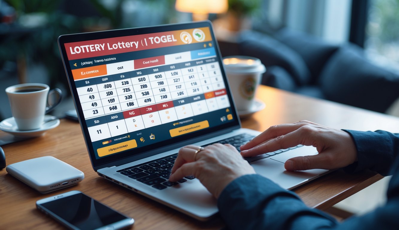Seseorang menggunakan laptop di meja kerja dengan tampilan antarmuka lotere digital, dikelilingi oleh ponsel dan cangkir kopi.