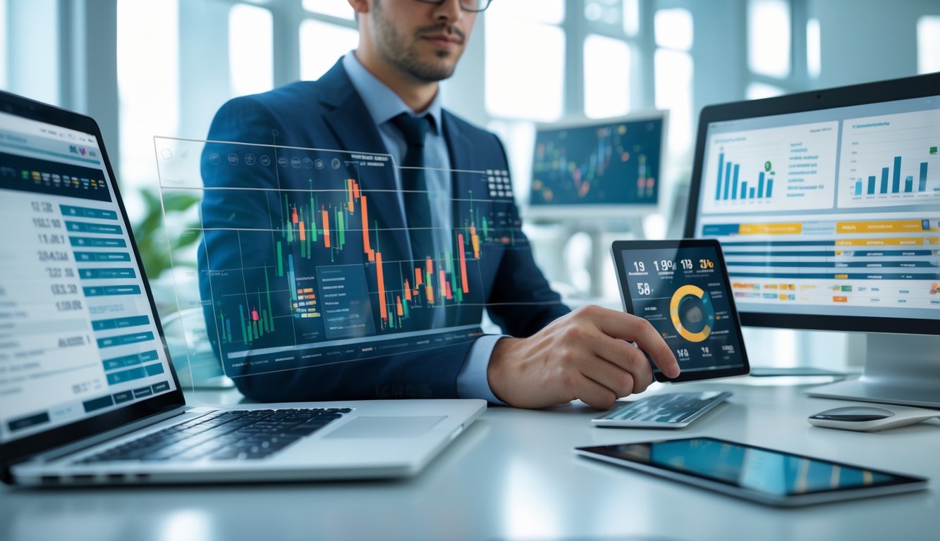 Seorang pria bisnis percaya diri sedang menganalisis data dan grafik di kantor modern dengan komputer dan tablet.