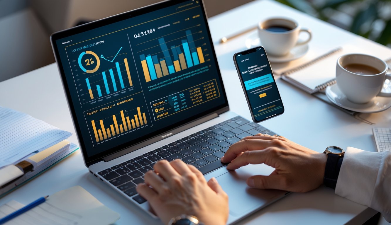 Seseorang sedang bekerja di depan laptop dengan grafik dan ponsel yang menampilkan situs ulasan togel terpercaya di atas meja kerja yang rapi.