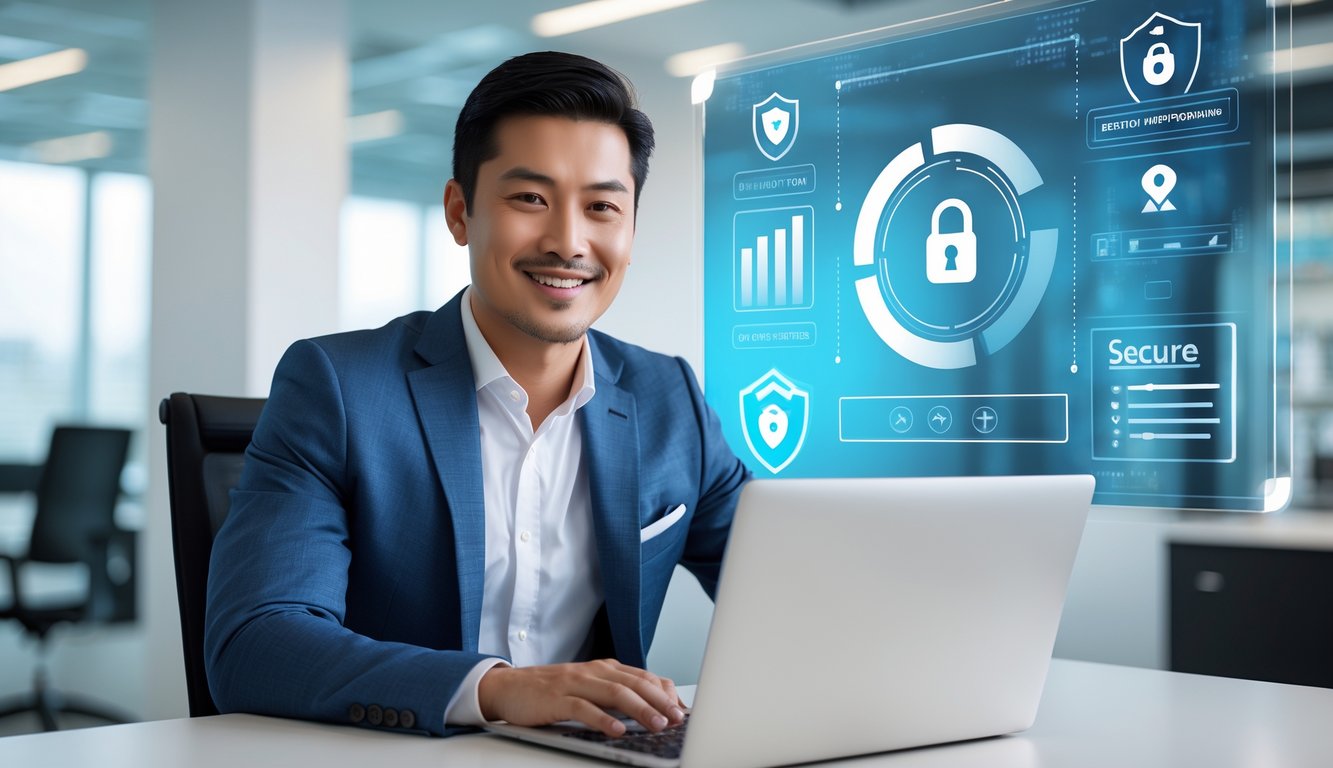 Seorang pria Asia duduk di meja kantor dengan laptop, tersenyum percaya diri di lingkungan kantor yang modern dan terang.