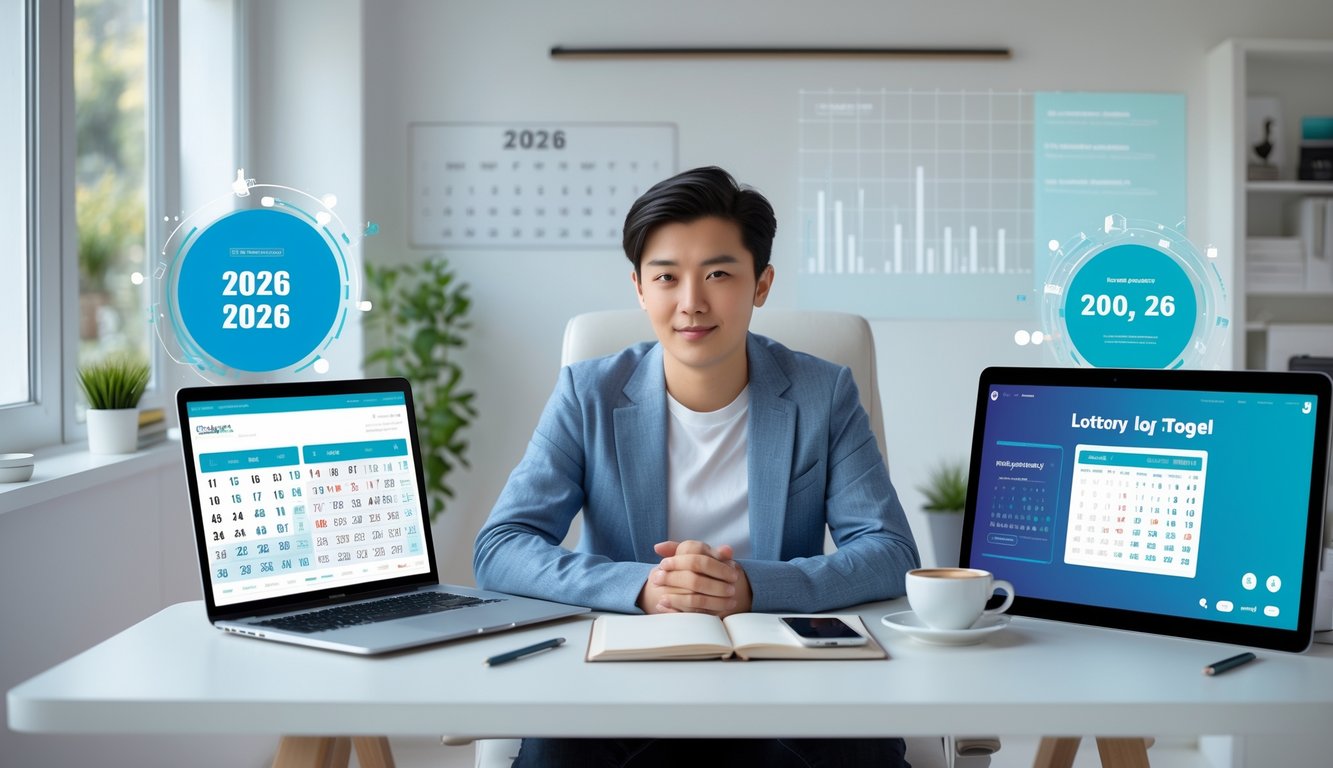 Seorang dewasa muda duduk di meja kerja dengan laptop dan ponsel menampilkan angka togel, di ruang kantor rumah yang terang dan rapi.