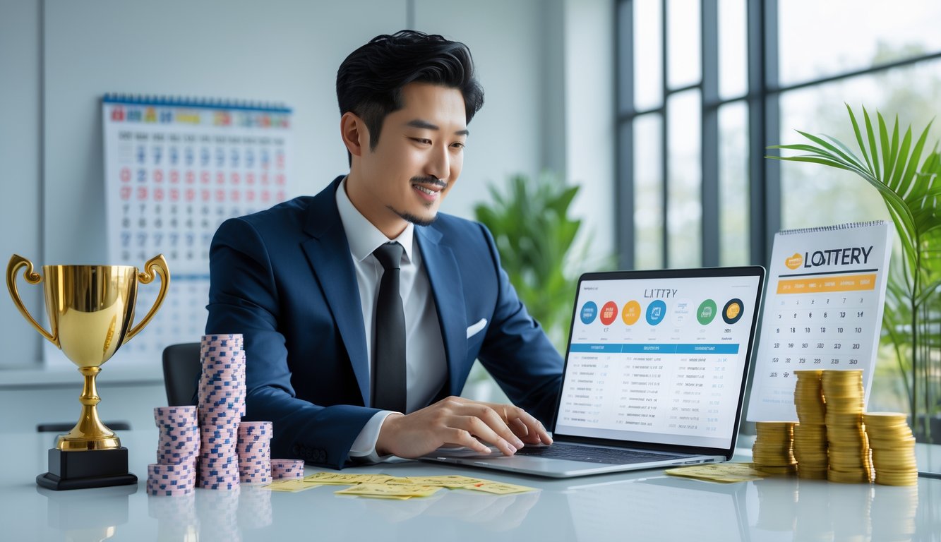 Seorang pria Asia berpakaian rapi duduk di meja kantor modern dengan laptop, dikelilingi oleh tiket lotre dan piala, menunjukkan suasana kerja yang fokus dan percaya diri.