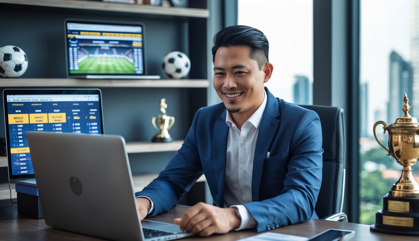 Seorang agen taruhan sepak bola Indonesia yang percaya diri sedang berbicara dengan klien di kantor modern dengan latar belakang perlengkapan sepak bola.