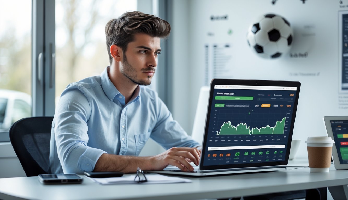 Seorang pria muda duduk di meja dengan laptop, melihat data taruhan sepak bola di layar dalam ruangan kantor yang terang.