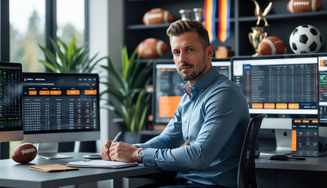 Seorang pria fokus duduk di meja kantor modern dengan beberapa layar komputer menampilkan statistik dan peluang taruhan sepak bola, di sekitarnya terdapat memorabilia sepak bola seperti bola dan piala.