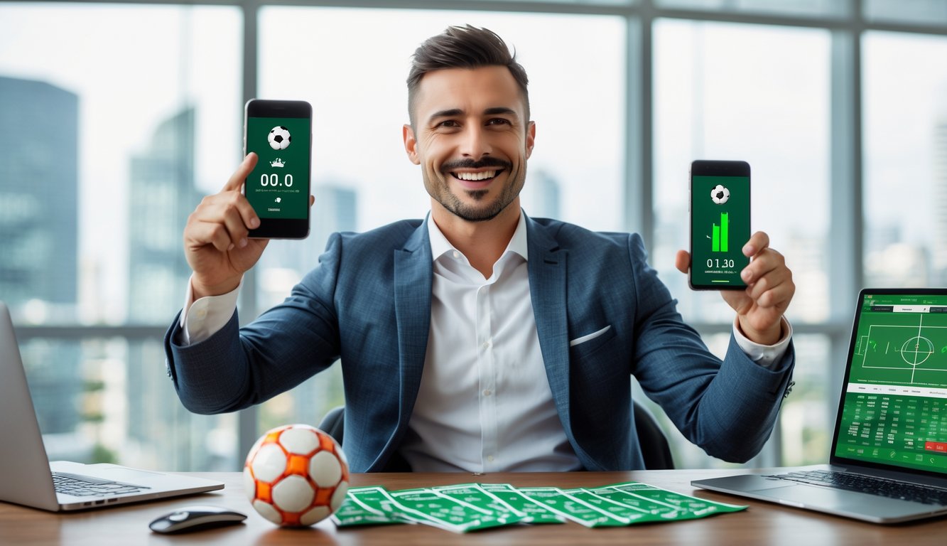 Seorang pria percaya diri merayakan kemenangan di kantor modern dengan ponsel menampilkan aplikasi taruhan sepak bola dan perlengkapan terkait di meja.