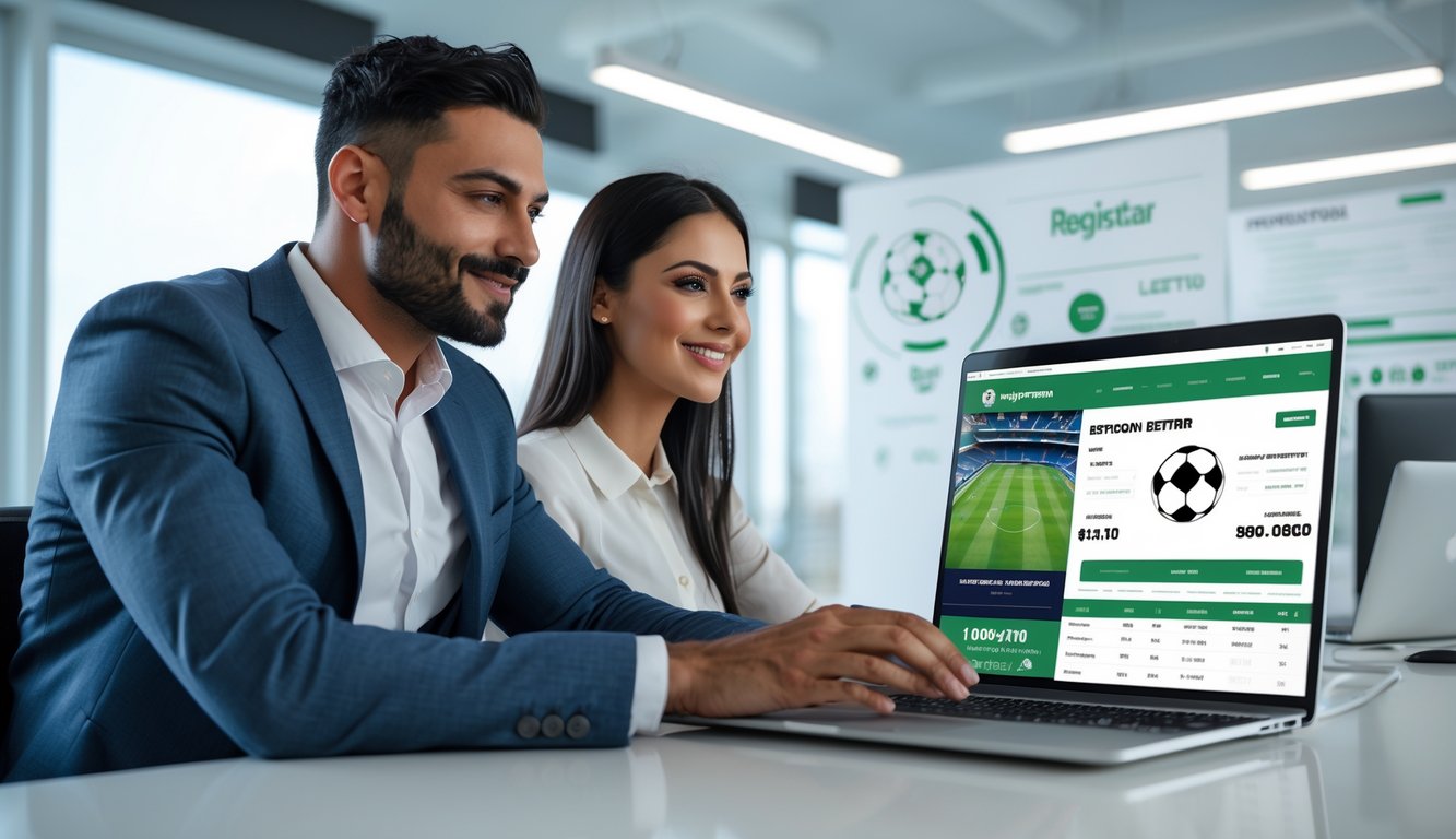 Dua orang duduk bersama di meja kantor modern, menggunakan laptop yang menampilkan antarmuka taruhan sepak bola online.