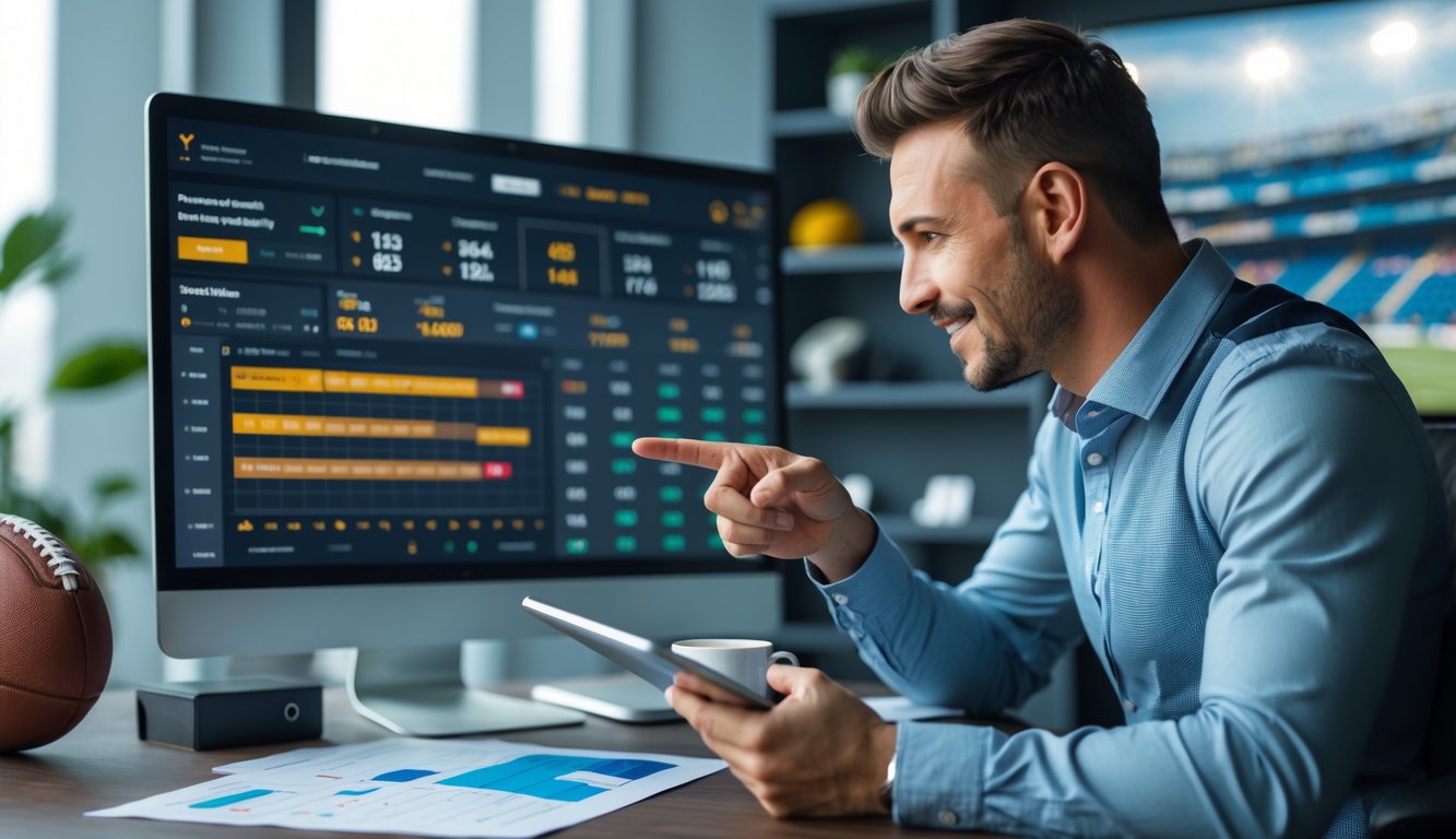 Seorang pria di kantor modern sedang menganalisis strategi taruhan sepak bola dengan komputer dan dokumen di mejanya.