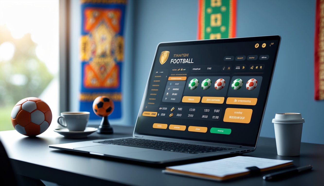 Meja kerja modern dengan laptop yang menampilkan statistik taruhan online dan ikon permainan slot, dikelilingi bola sepak, peluit wasit, dan slip taruhan, dengan latar belakang elemen budaya Indonesia seperti wayang dan motif batik.