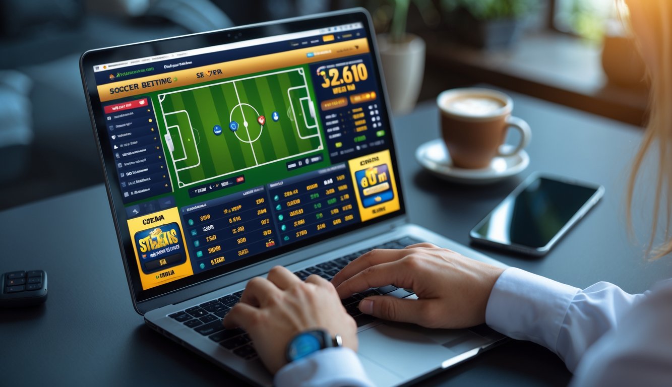 Seseorang menggunakan laptop dengan tampilan taruhan bola dan permainan slot online di meja kerja.
