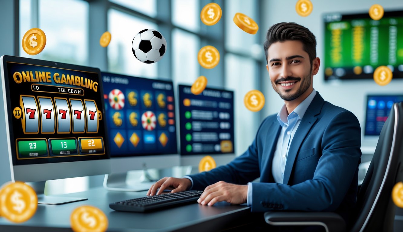 Seorang agen judi online duduk di meja kerja dengan beberapa monitor yang menampilkan grafik permainan slot dan taruhan bola, di dalam kantor modern.