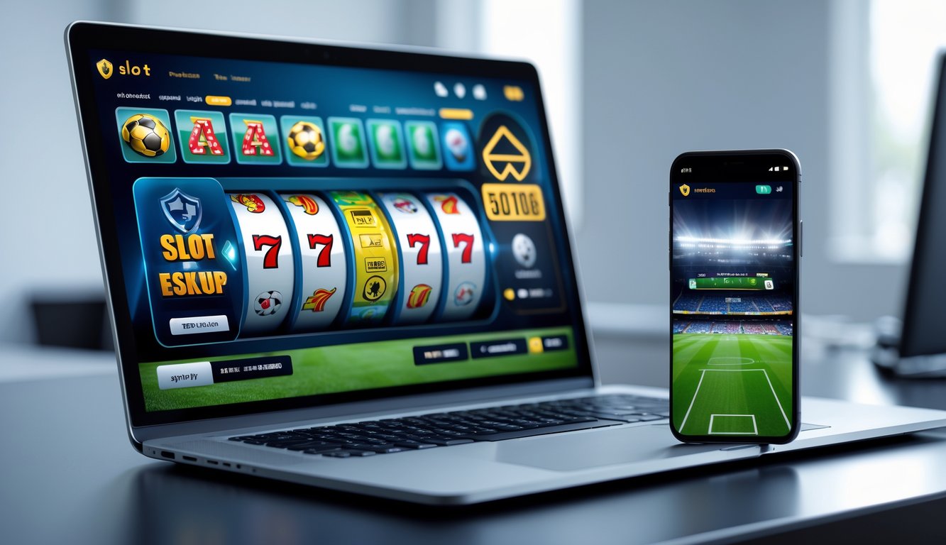 Seseorang menggunakan laptop dan ponsel untuk bermain judi slot online dan menonton pertandingan bola di meja kerja yang rapi.