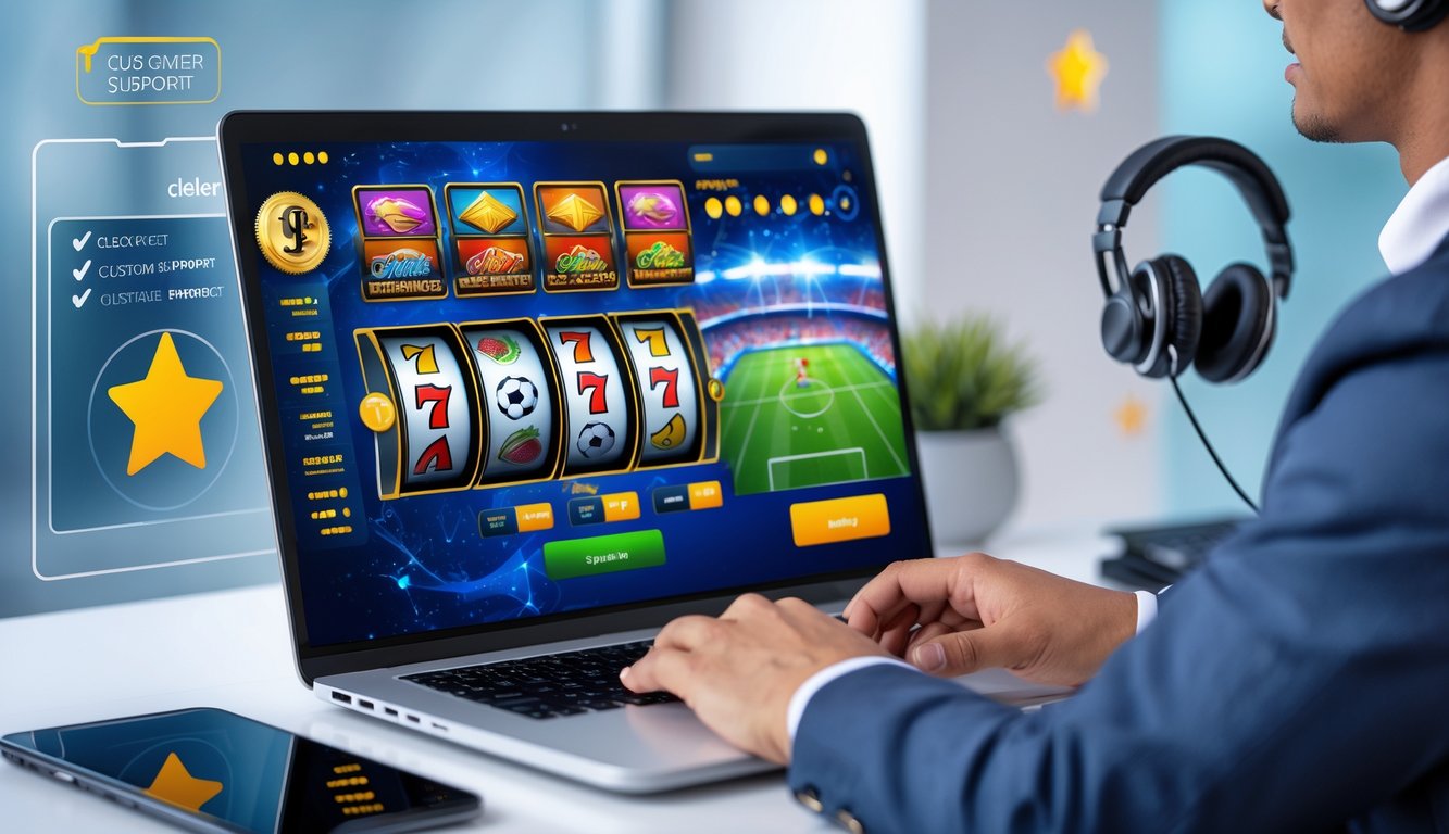 Seseorang menggunakan laptop yang menampilkan permainan slot dan pertandingan sepak bola, menunjukkan layanan judi online terpercaya.