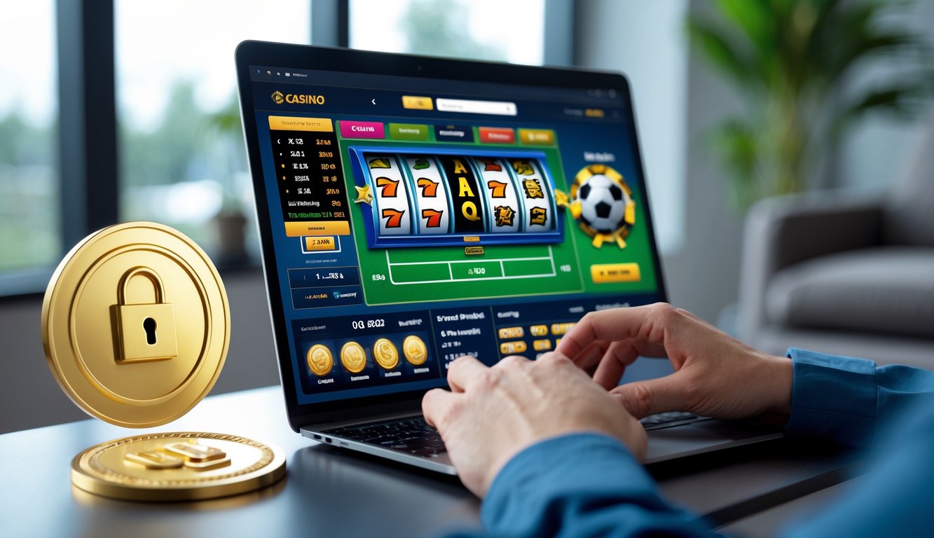 Seseorang menggunakan komputer dengan tampilan permainan slot dan taruhan bola online di layar, di ruangan modern dan terang.