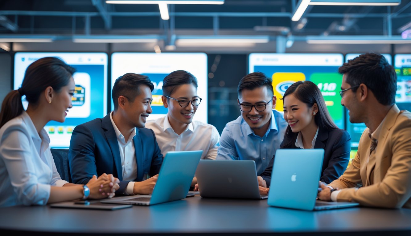 Sekelompok orang beragam sedang berdiskusi di kantor modern dengan laptop dan layar digital yang menampilkan grafik permainan dan ikon olahraga.