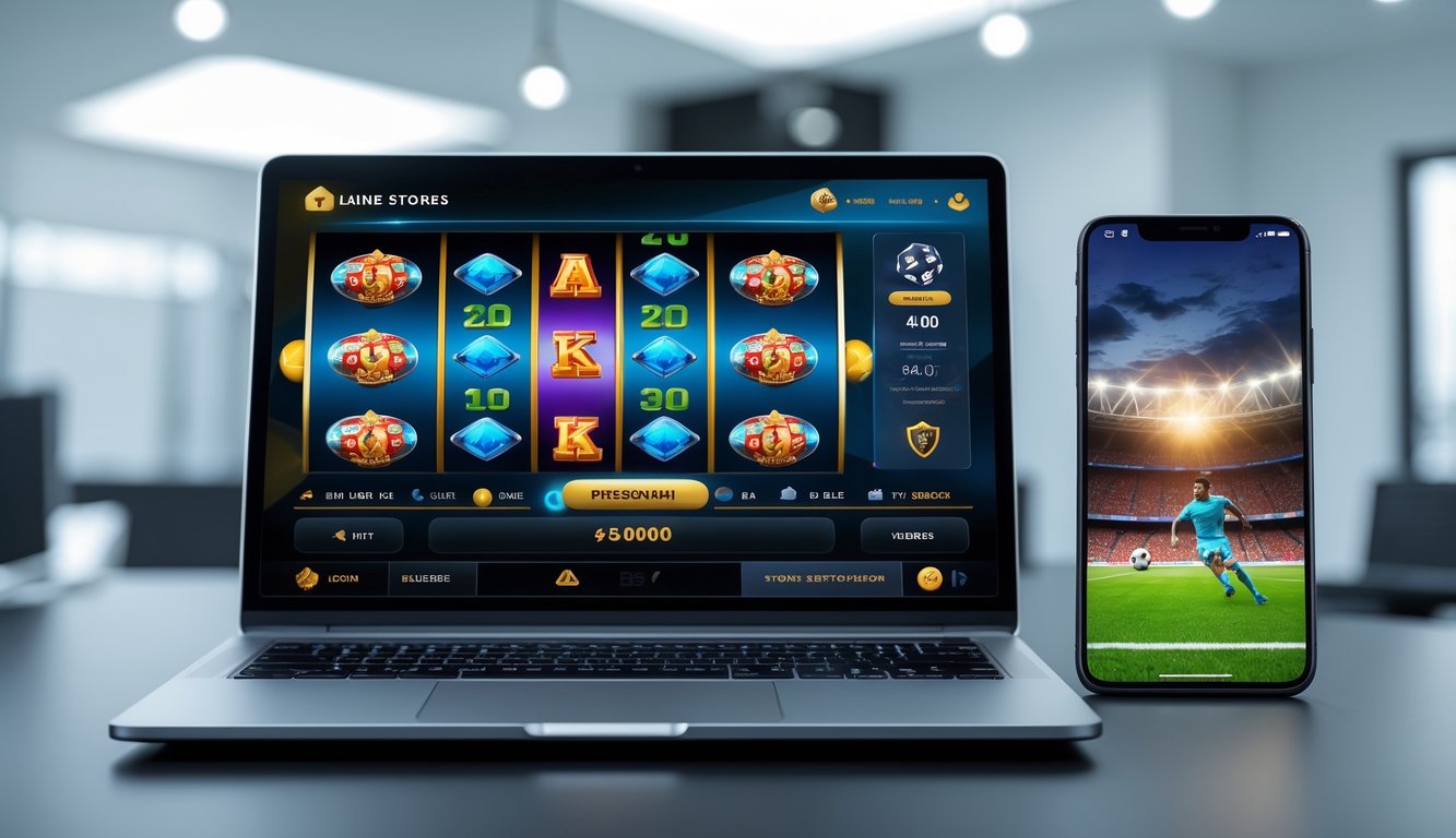 Sebuah meja kerja dengan laptop yang menampilkan permainan slot online dan ponsel yang menampilkan pertandingan sepak bola secara langsung.