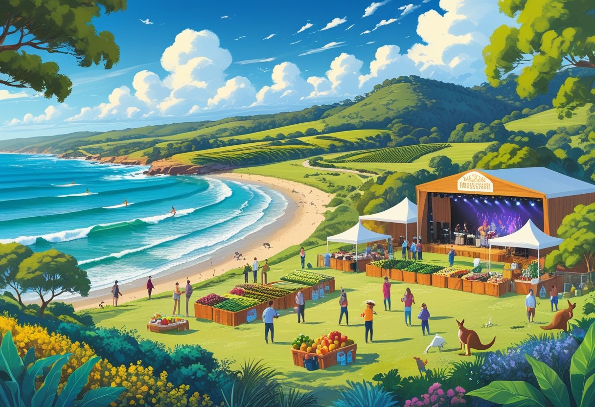 Coastal and vineyard scene with surfers, people at a farmers market, hikers on forest trails, a music festival crowd, and native Australian wildlife in a sunny landscape.