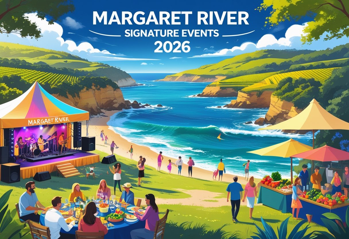 A coastal scene showing people enjoying music, food and wine tasting, surfing, and a busy artisan market in a natural setting with vineyards and forests.