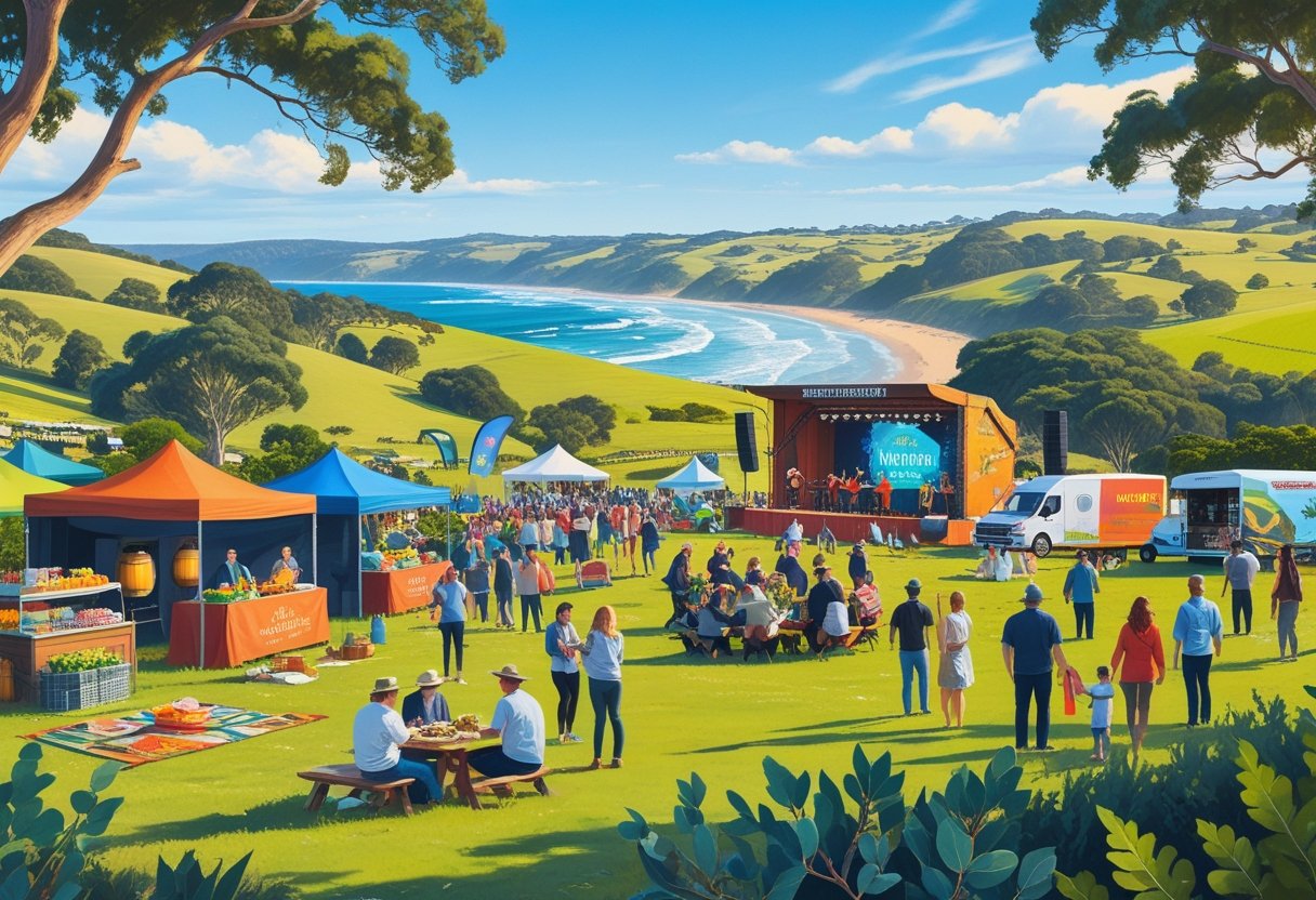 A lively outdoor festival in a green landscape with people enjoying music, markets, picnics, vineyards, and a beach in the background.