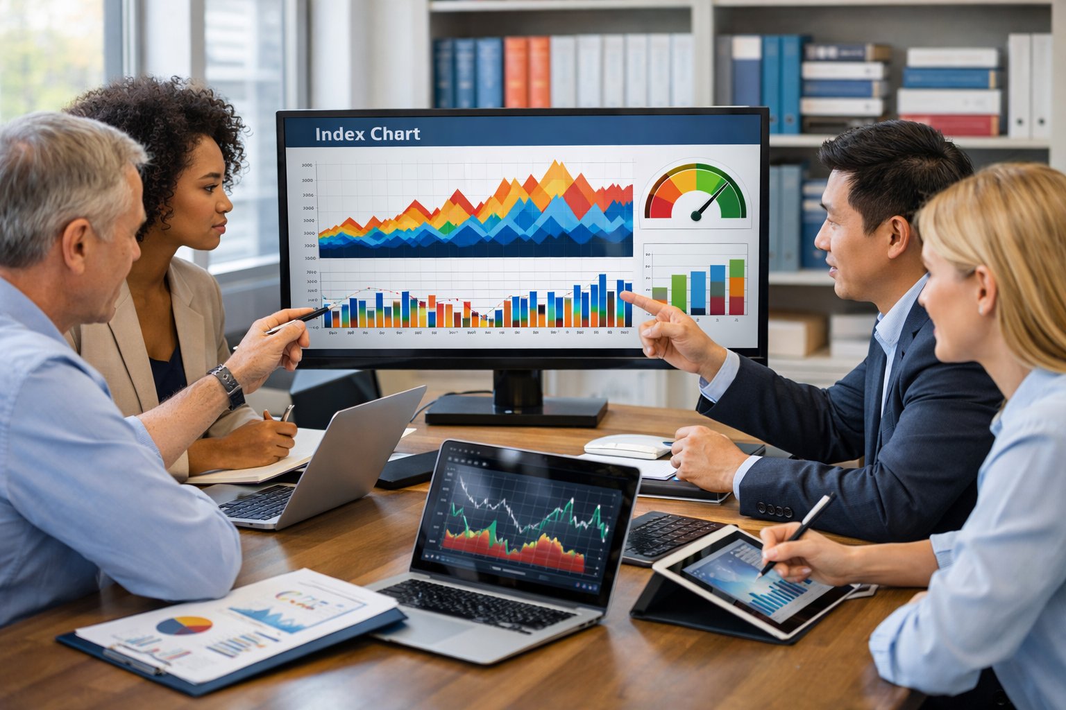 Un groupe de professionnels en bureau moderne analysant des graphiques et des données économiques sur des écrans, travaillant ensemble autour d'une table.