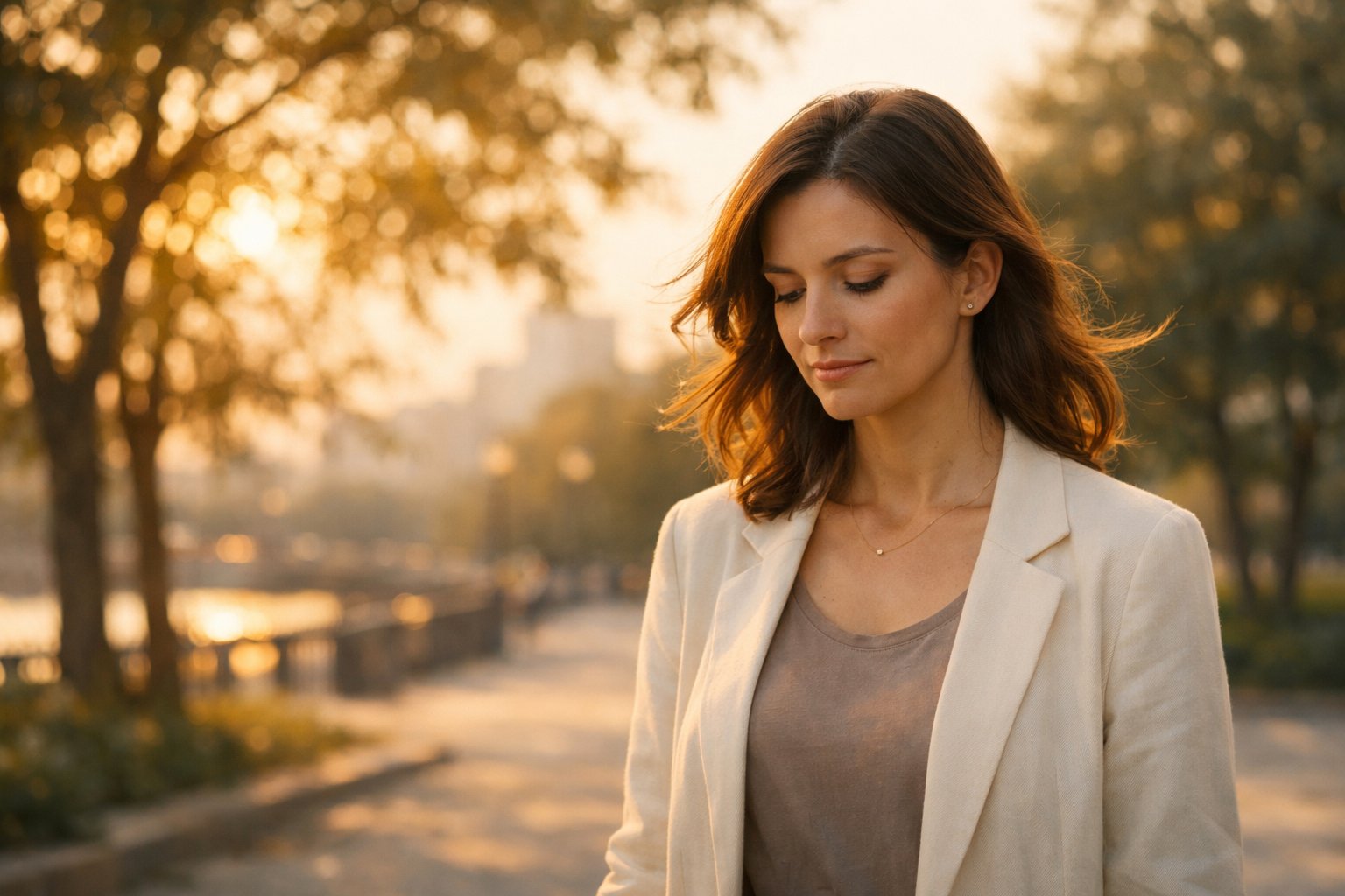 A woman standing alone in a park during sunset, looking thoughtfully downward with a calm expression.