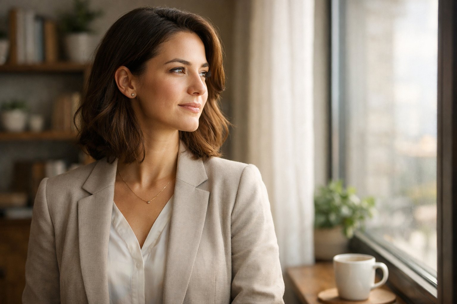 A woman looking thoughtfully out of a window in a calm indoor setting.