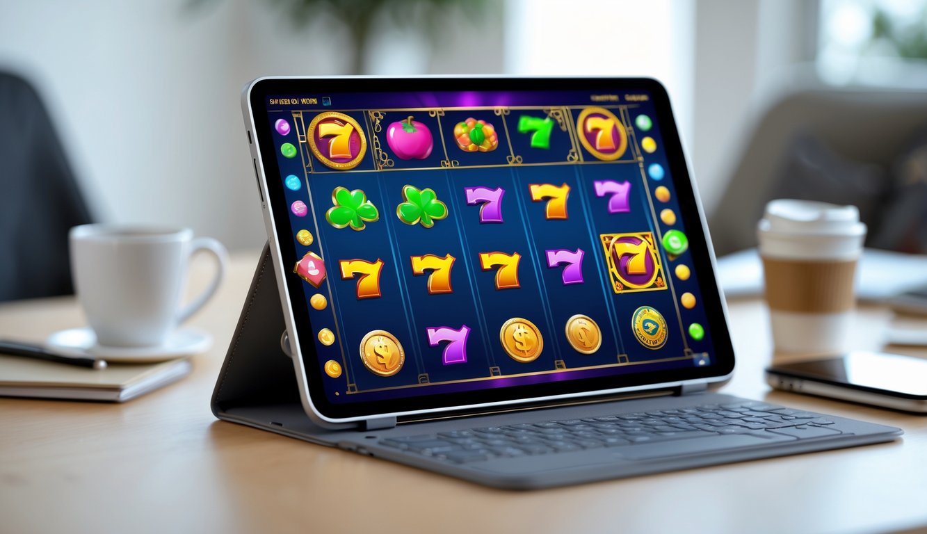 Seseorang sedang menggunakan perangkat dengan permainan slot online yang menampilkan gulungan warna-warni di layar.