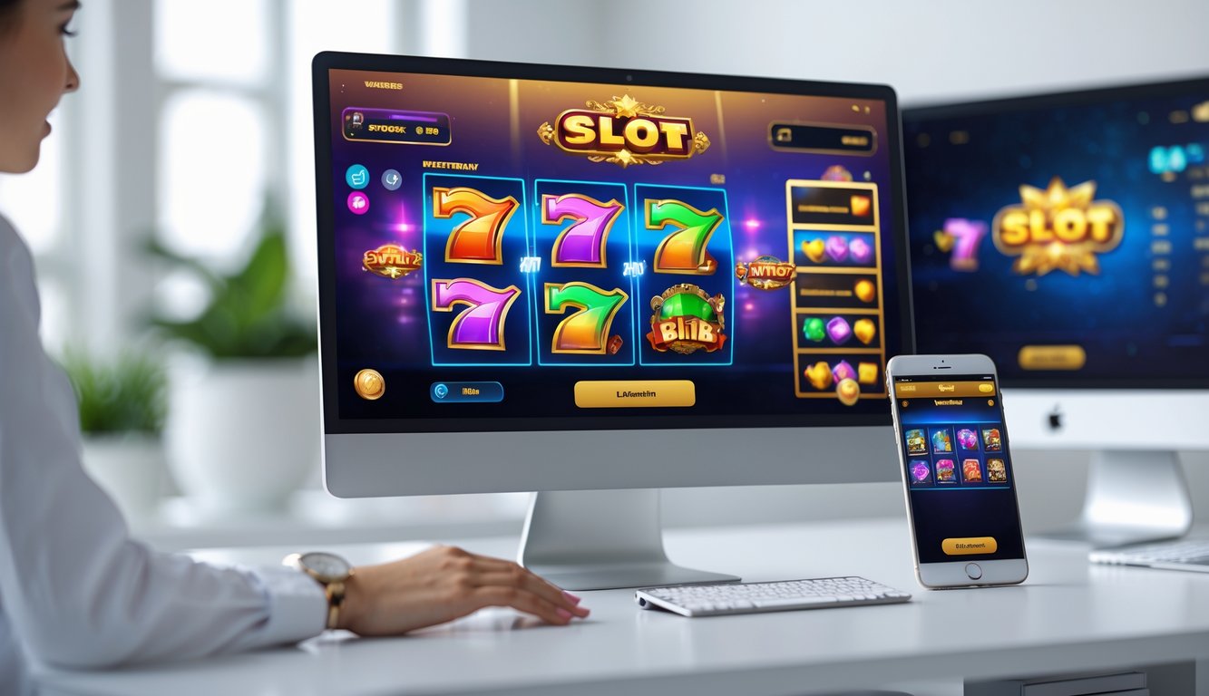 Antarmuka permainan slot online yang modern dan mudah dinavigasi ditampilkan pada komputer dan ponsel di meja kerja.