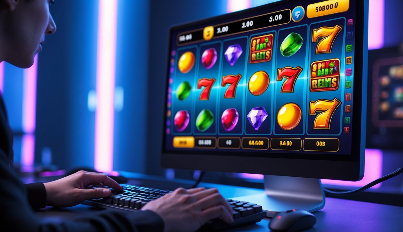 Seseorang menggunakan komputer dengan layar menampilkan permainan slot online dengan simbol berwarna cerah dan latar ruang permainan yang remang-remang.