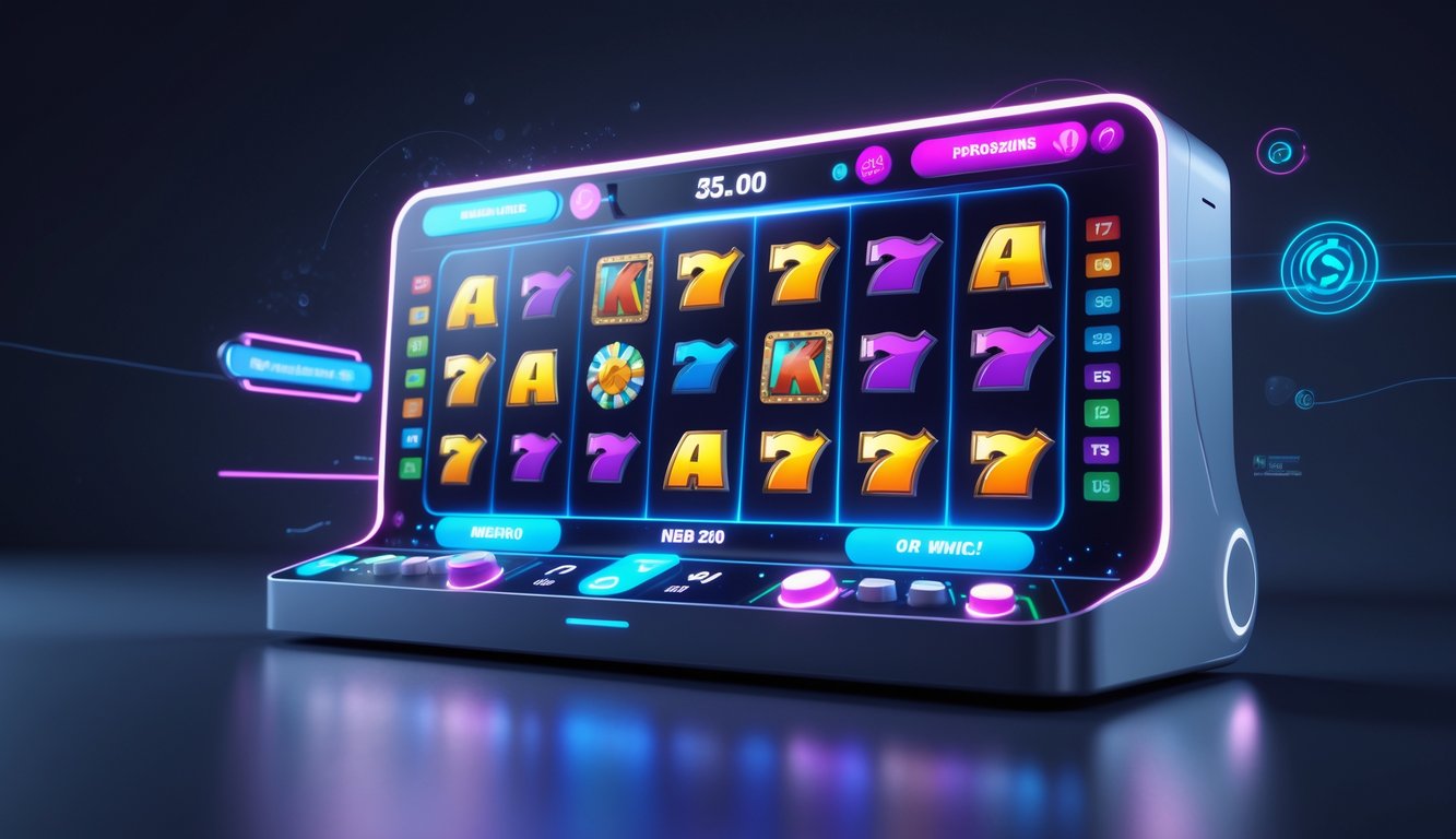 Tampilan mesin slot online modern dengan grafik warna-warni dan elemen interaktif yang dinamis di layar digital.