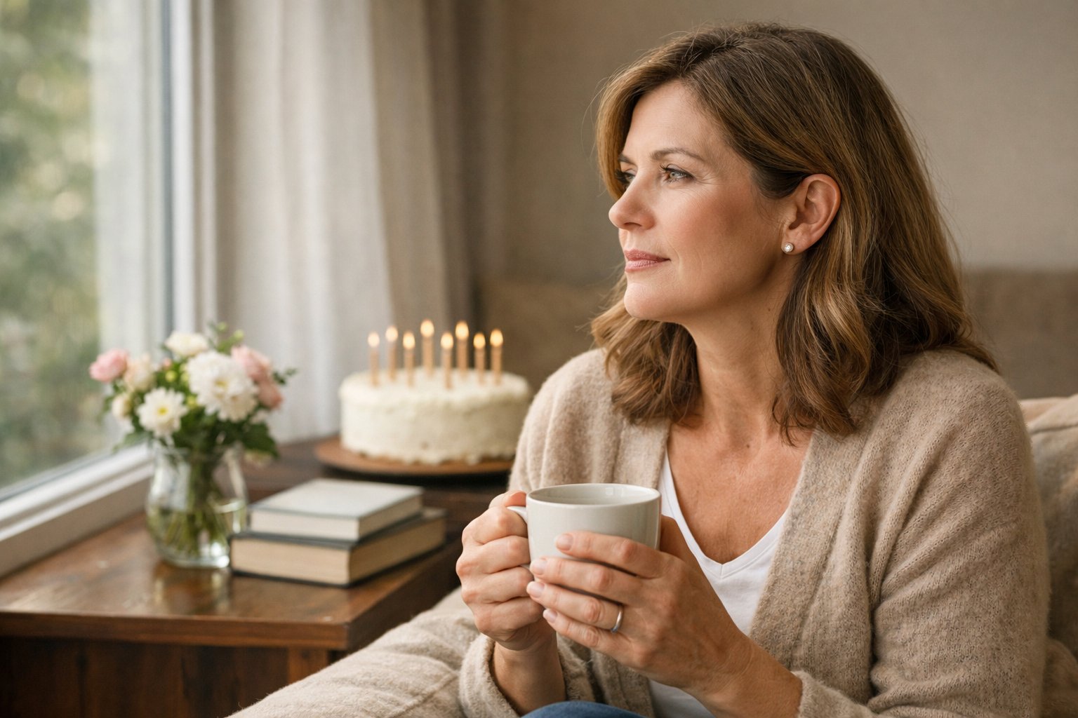 A woman sitting by a window holding a cup, looking thoughtfully outside with a birthday cake on a nearby table.