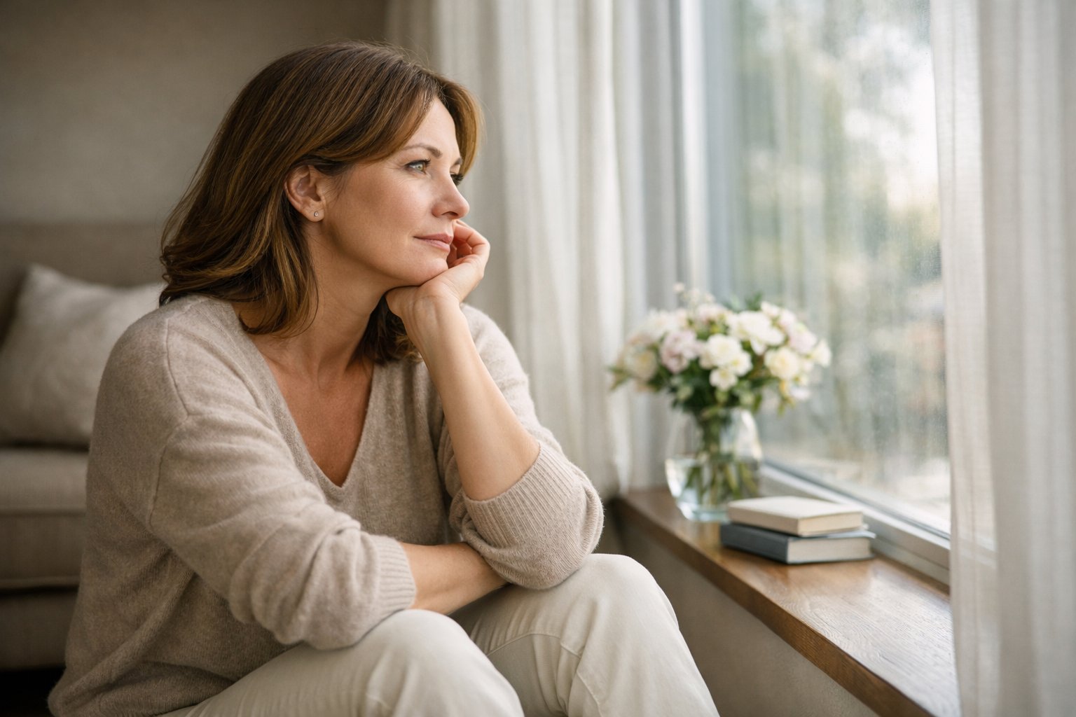 A woman in her late 30s sits by a window, looking outside thoughtfully in a softly lit living room.