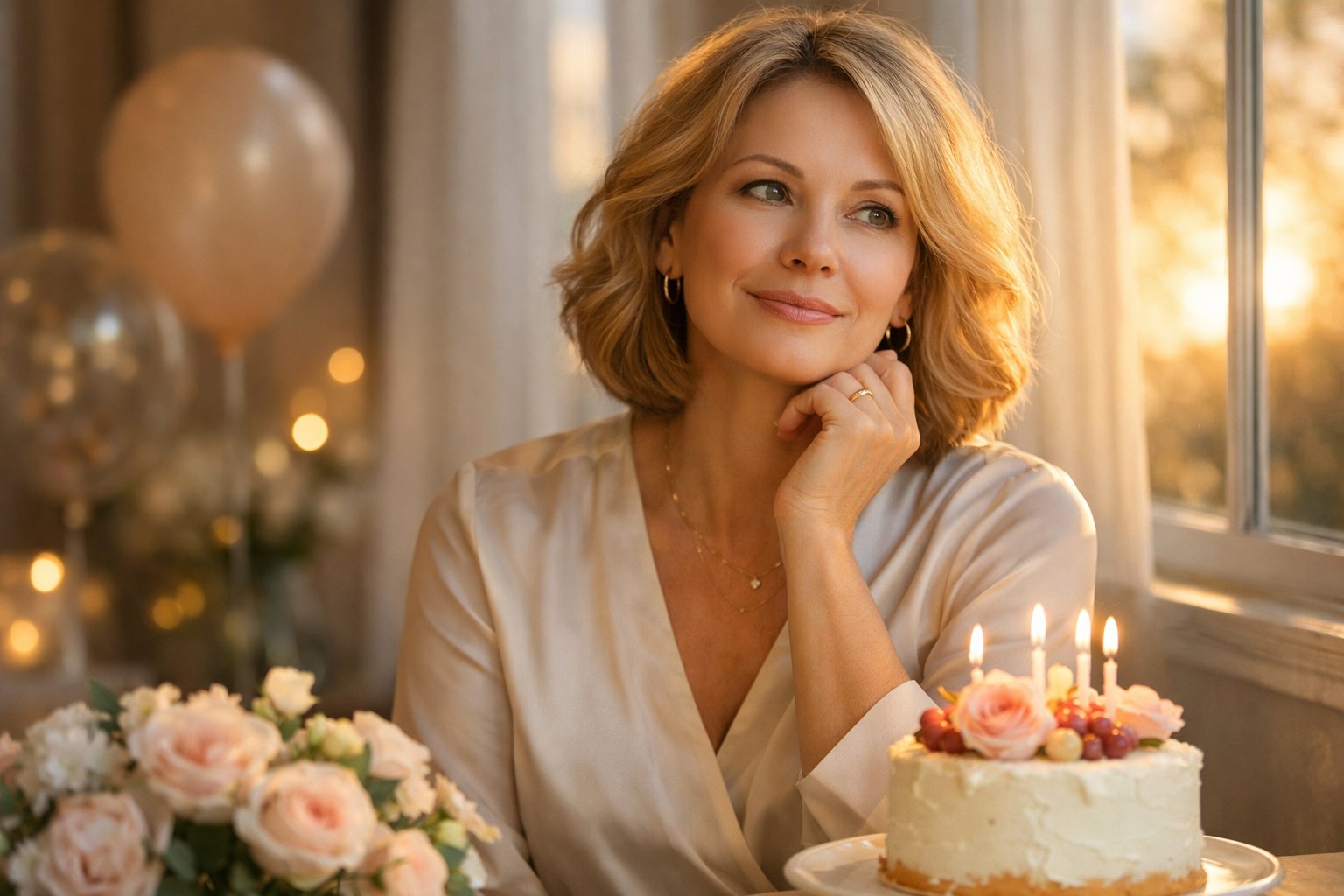 A middle-aged woman sitting thoughtfully near a window with birthday decorations and a small cake, expressing joy and reflection on her milestone birthday.